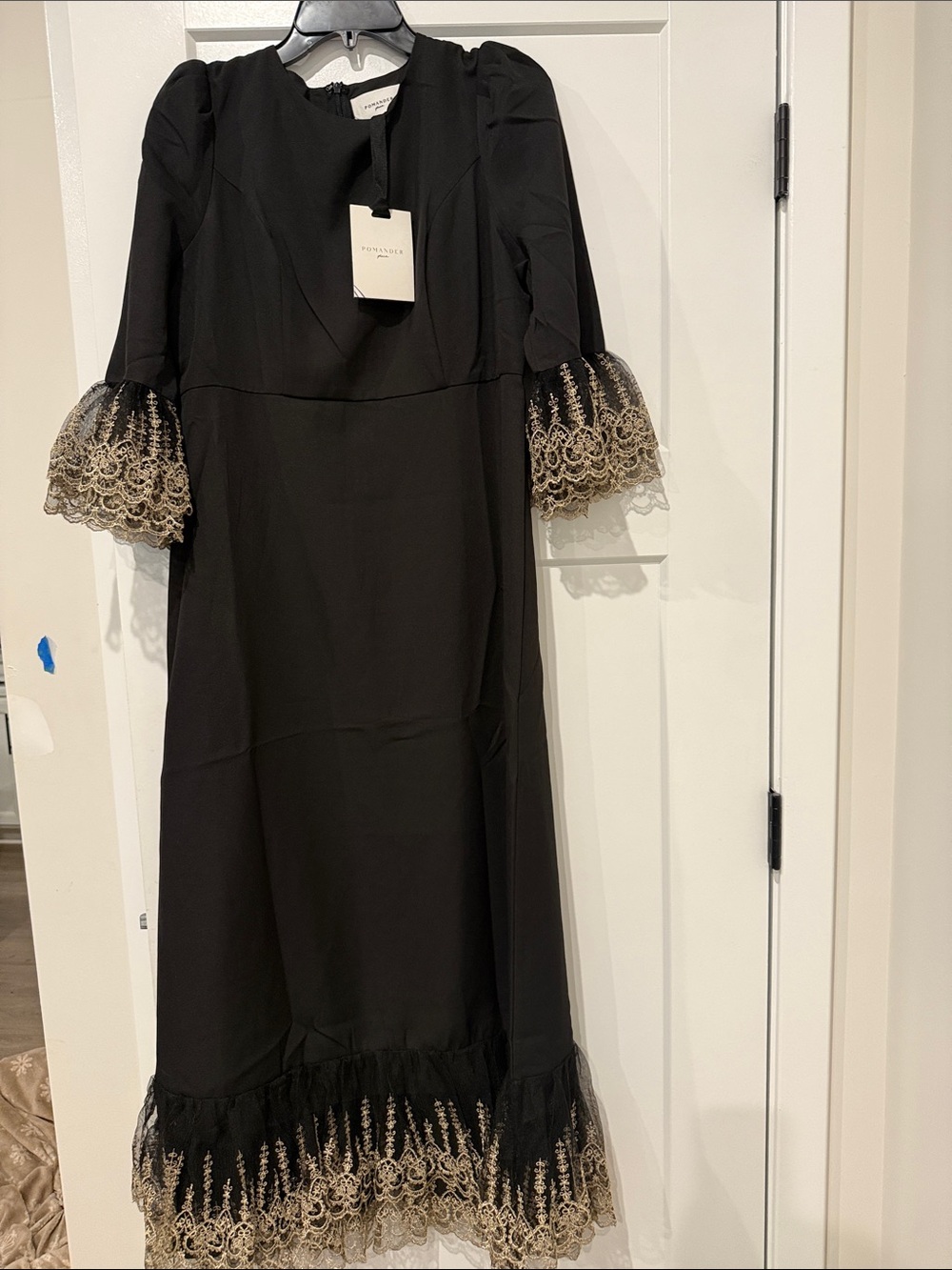 Pomander Place Black Maxi Dress with Beige Lace Trim